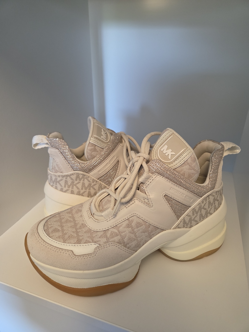 Michael Kors Olympia Logo Jacquard and Glitter Chain-Mesh Trainer